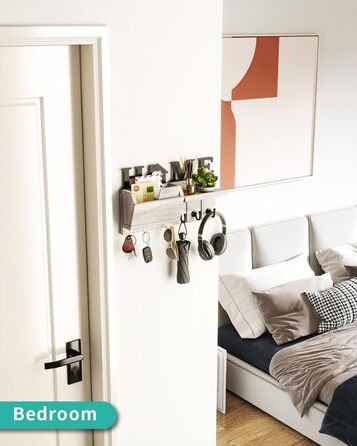 Дерев'яна ключниця HapiRm з декором HOME, 7 гачків, полиця для дрібниць, підходить для прихожої, спальні, офісу (біла)