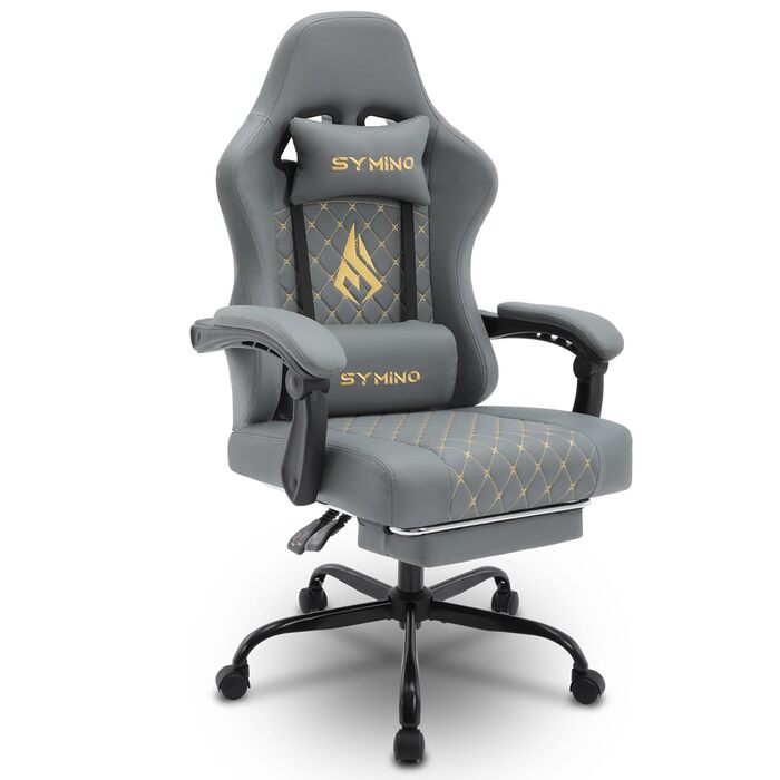 Ігрове крісло Symino Racing з ергономічною підтримкою попереку, з підніжкою, з PU шкіри, сіре, 130 кг