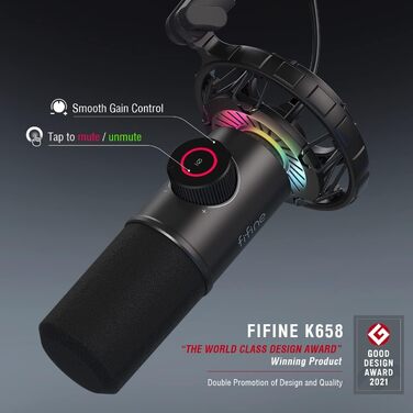 Мікрофон FIFINE K658 Black - USB мікрофон для ПК, PS4, PS5, MAC з RGB підсвічуванням, динамічний, 16 біт/48 кГц, 3.5 мм роз'єм для навушників, Plug-and-Play, з амортизатором