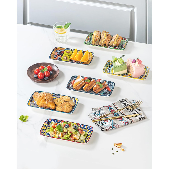 Сервіровочні тарілки HENXFEN з порцеляни, 25.4 см, набір прямокутних тарілок, 25.4 x 17.8 см, для салату, закусок, сашімі, богемний квітковий дизайн у 6 яскравих кольорах (прямокутна тарілка 20.3 см)