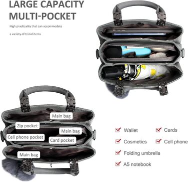 Сумка жіноча шкіряна NICOLE & DORIS 2025 чорна/сіра з помпоном та знімним ремінцем