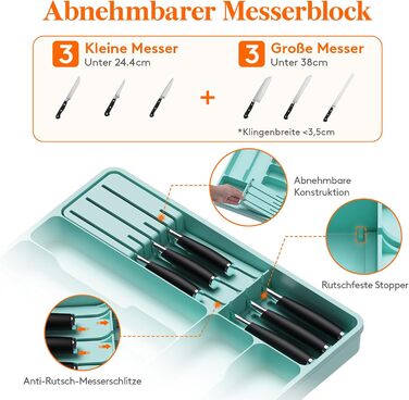 Органайзер для столових приборів Lifewit в шухляду, розширюваний, з відділенням для ножів (40 см, бірюзовий)