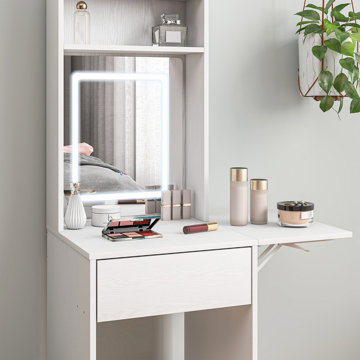 HOMCOM Compact Vanity Table with Mirror and LED Lighting, Folding Tabletop, Open Shelves, Drawer, MDF, White