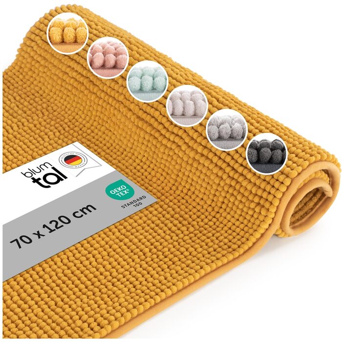 Килимок для ванної кімнати Blumtal 70x120 см, високий ворс Chenille, протиковзний та придатний для прання, сертифікат Oeko-TEX, колір: гірчичний (Spicy Mustard)