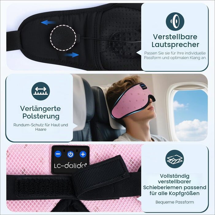 Маска для сну з навушниками Bluetooth 5.4 Dolida, 3D м'яка маска для сну з мікрофоном, рожева - для подорожей, йоги, медитації