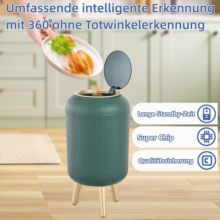 Сміттєвий бак сенсорний Smart 10л білий для кухні та ванної кімнати, герметичний, автоматичний з кришкою (зелений)