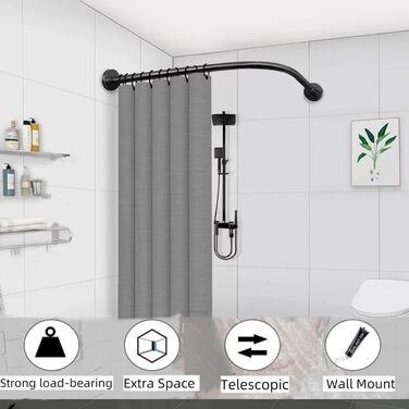 Штанга для душу без свердління, L-подібна, регульована, з нержавіючої сталі, для ванної кімнати та гардеробної (75-95 x 75-95 см) (Чорний, 75-95*90-130)