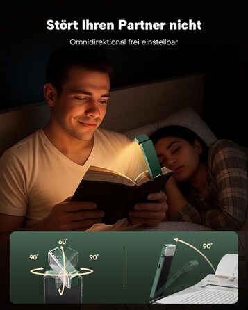 LED лампа-прищіпка для читання 86lux: акумуляторна, з 3 кольорами та регулюванням яскравості, для книг, ліжка, дітей. Зелений колір