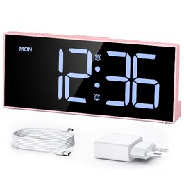 Цифровий будильник LATEC з 2 сигналами, функцією Snooze та USB-портом, 4 рівні яскравості, регулювання гучності, мережеве живлення (Рожевий)