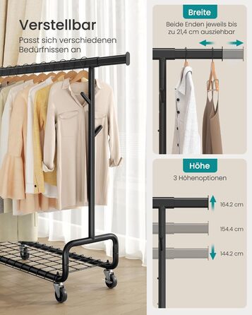 SONGMICS Стійка для одягу на коліщатках, важка, з висувними штангами, регульована висота, з полицею та гачками (HSR015B01, Чорний)