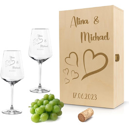 Leonardo Wine Glasses Set of 2 with Wooden Box and Engraving for Him & Her. Only Love Matters. Personalized with Name & Date. Heart-Shaped Glass Leonardo Puccini 560ml