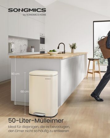 Відро для сміття SONGMICS 50 л з педаллю, нержавіюча сталь, з м'яким закриттям, для кухні (пісочний беж)
