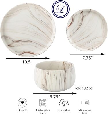 Набір посуду Lorren Home Trends 12 предметів, мармуровий малюнок, для 4 осіб, мікрохвильова піч та посудомийна машина, колір - слонова кістка
