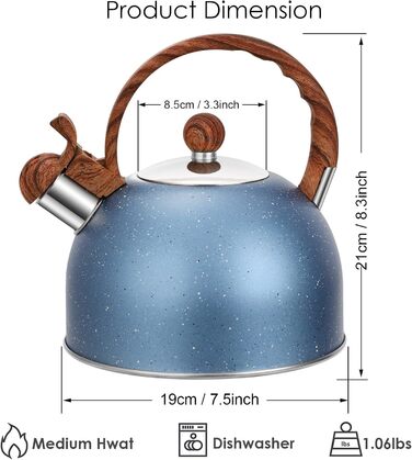Чайник з свистком 2.5L з нержавіючої сталі для всіх плит, включаючи індукцію, з автоматичним кип'ятінням та дерев'яною ручкою (блакитний)