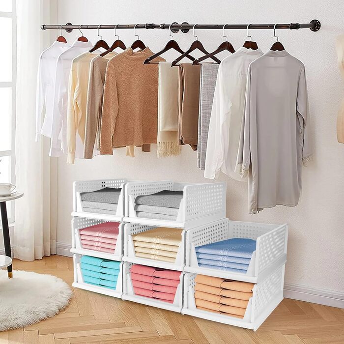 Diealles Stackable Drawer Boxes, 4 Pack Closet Organizer Pull Out, Plastic Drawer Organizer Closet, Foldable Closet Drawers for Clothes Closet Pantry (White)