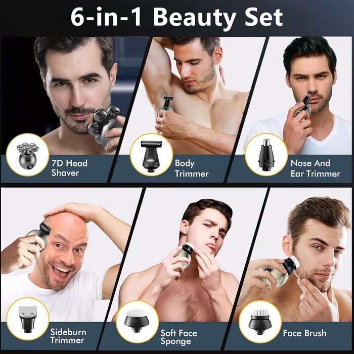 Електричний гострострумний апарат для гоління чоловічий 6-в-1 з LED дисплеєм, IPX6 водонепроникний, бездротовий, з індикатором заряду батареї