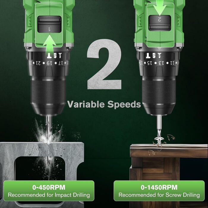 Ginour 21V акумуляторний ударний дриль-шуруповерт, комплект 47 предметів, сумісний з Makita 18V, 50 Nm, 2 швидкості, LED, 10 мм