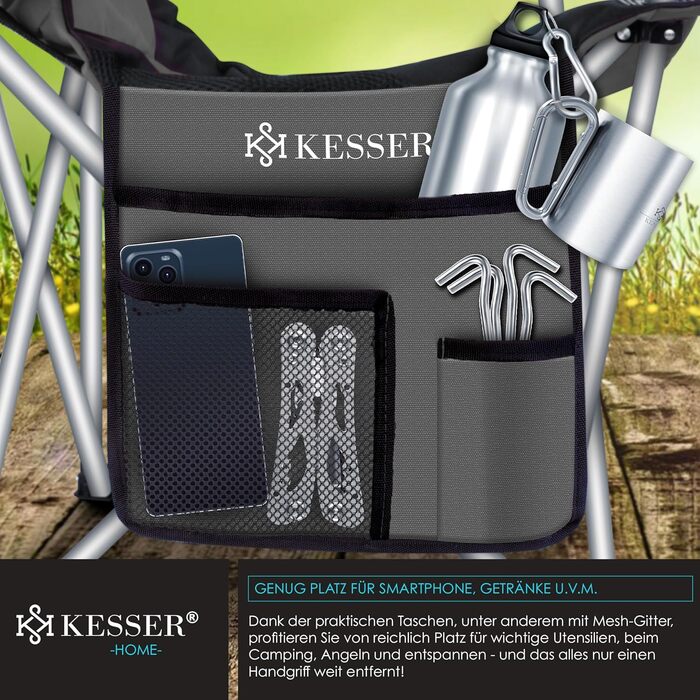 Крісло кемпінгове KESSER® складне до 150 кг, з підлокітниками, високою спинкою, сіре (антрацит/чорне) + тримач для напоїв