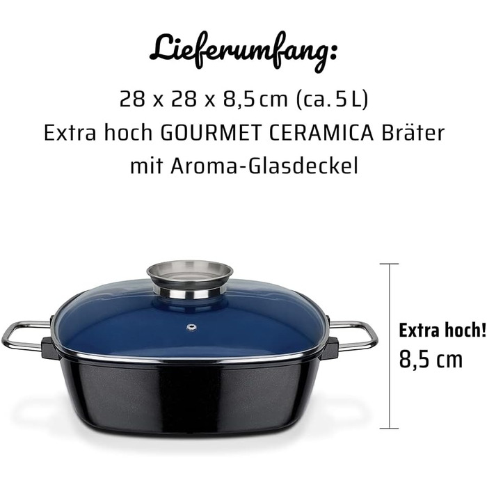 Квадратна каструля для індукції GSW Ceramica, 5 л, алюмінієва, з ароматизованою скляною кришкою, кобальтово-синя, 28×28×8,5 см, 2 шт.