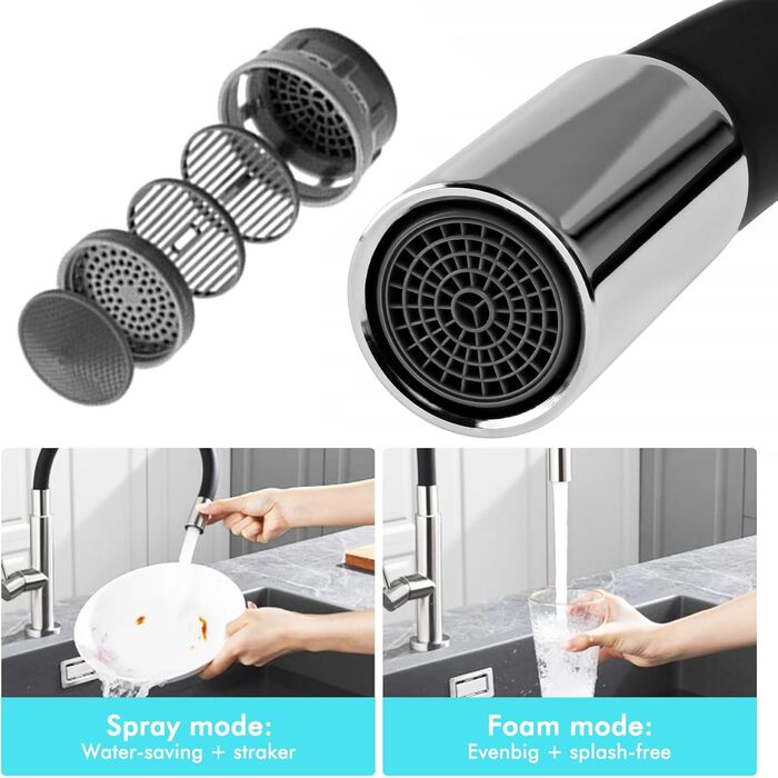 Чорний кухонний змішувач з гнучким виливом, 360° поворот, однорідний, з економічним аератором, нержавіюча сталь