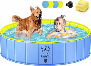 COZII Dog Pool, 160 x 30cm Dog Pool for Large and Small Dogs, Foldable Dog Bathtub, Splash Pool for Children, Portable Dog Pool with Non-Slip PVC and Bath Brush