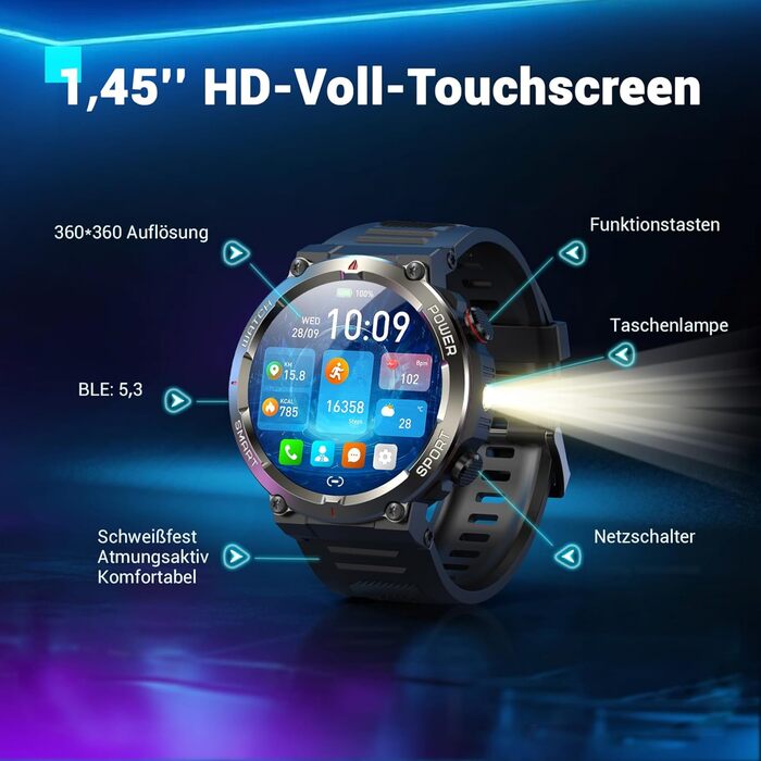 Смарт-годинник Blackview IP68: Компас, 100 днів автономії, Bluetooth-дзвінки, моніторинг серця та сну, 100+ режимів спорту, сумісний з Android/iOS, чорний