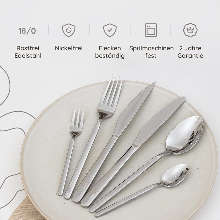 Набір столових приборів 36 предметів з нержавіючої сталі 18/0 на 6 осіб, сріблястий: ножі, виделки, ложки, ніж для стейка, виделка для торта, для повсякденного використання та прийому гостей, безпечні для посудомийної машини