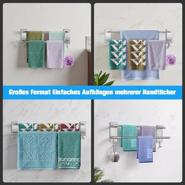 Тримач для рушників без свердління, 60 см, самоклеючий, з гачками, нержавіюча сталь, вологостійкий, для ванної кімнати та кухні, срібляний