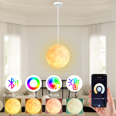 HOMCOM 3D Moon Pendant Lamp Hanging Light with APP Control, Music Moon Lamp Ceiling Lamp with CCT and RGB Color Changing for Kitchen, Dining Room, Cream White | Aosom