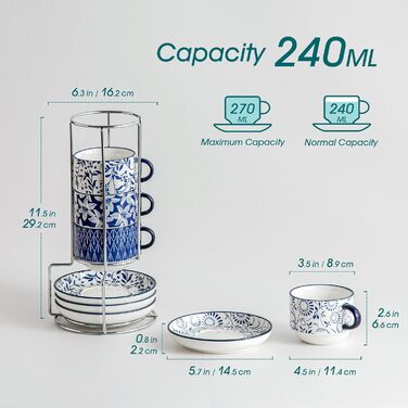 Набір чашок для еспресо Vancasso SELENE: 4 шт., з підставкою та стійкою, блакитно-білий вінтажний дизайн, порцеляна, для кави, капучино, лате та чаю