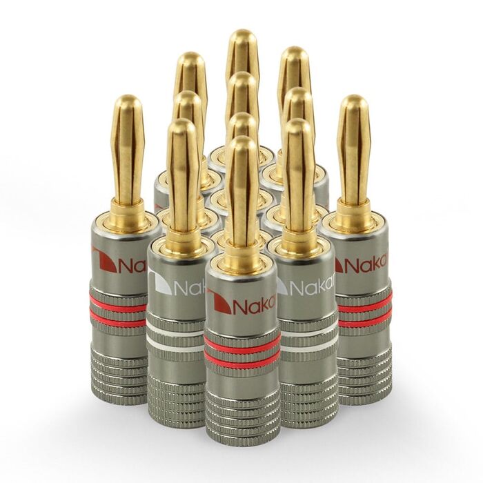 Бананові роз'єми Nakamichi Ultimate Series для акустичних кабелів 12-18 AWG, берилієво-мідні з 24K золотим напиленням, 4 мм, для Hi-Fi колонок та підсилювачів, 12 шт (6 пар)