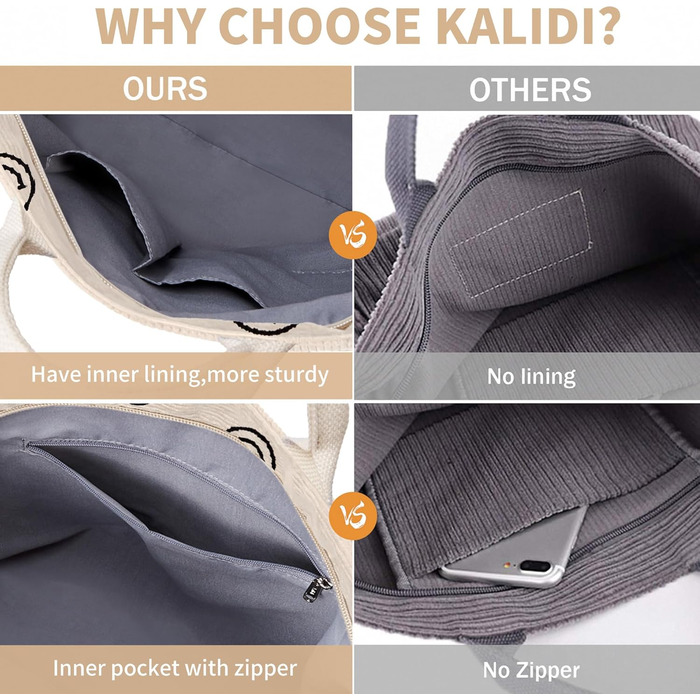 Сумка жіноча KALIDI Cord Shopper: велика сумка на плече для школи, роботи, щоденних покупок (Whitesmile)