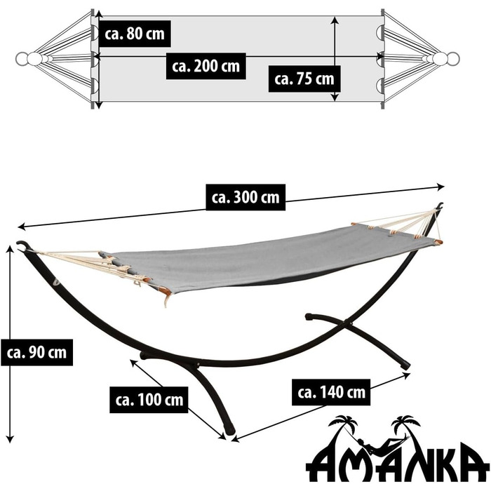 Підвісний гамак AMANKA з каркасом для однієї особи, 190x80 см, до 120 кг, для саду та балкона, сірої кольору, у стилі бохо