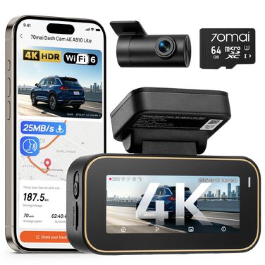Автомобільний відеореєстратор 70mai A810 Lite 4K з Wi-Fi 6, передня та задня камери, чорний (Carbon Black)