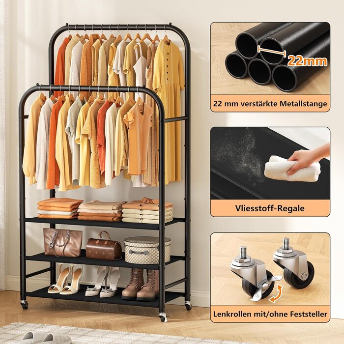 Вішалка для одягу HOMIDEC з 3 полицями, подвійна штанга на колесах, металевий каркас, чорна. Макс. навантаження 80 кг