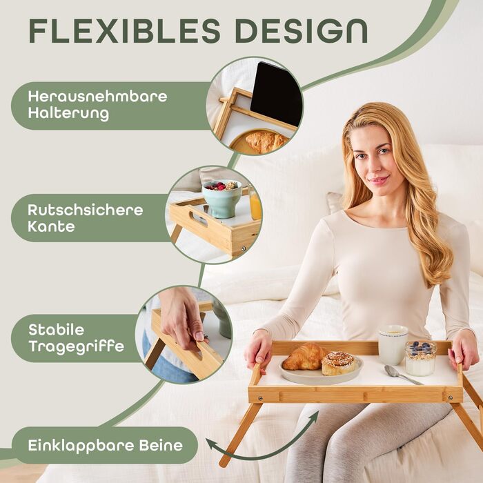 Бамбуковий приліжкові столики Blumtal з дерев'яною підпоркою для планшетів/телефонів - піднос для сніданку в ліжко - складаний приліжкові столики 50 x 30 x 6 см - сервірувальний піднос на ніжках - стійкий приліжкові столики (Білий)