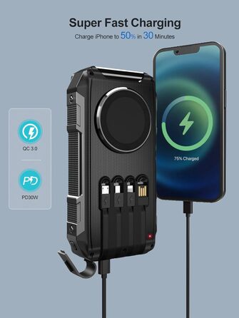 Портативний зарядний акумулятор Solar Powerbank 26800mAh з MagSafe, 30W USB-C, бездротовий заряд 15W, LED, ліхтарик, чорний