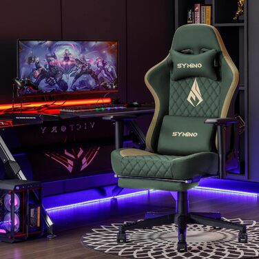 Ігровий крісло Symino Racing Style - ергономічне, 200 кг, регульовані підлокітники, PU шкіра, з підніжкою (зелений)