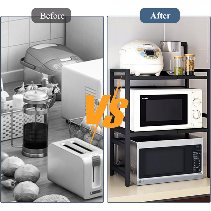 Регульована полиця для мікрохвильової печі, 3-рівнева розширювана стійка, органайзер для кухні з 6 гачками, з вуглецевої сталі, чорний