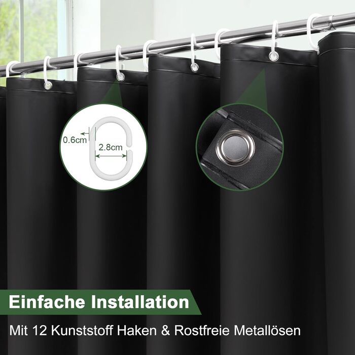 Прозорий душовий завіс AooHome 180x200 см з магнітами, антигрибковий, водонепроникний, з 12 кільцями, шестикутний малюнок, для ванни/душової кабіни (Чорний)