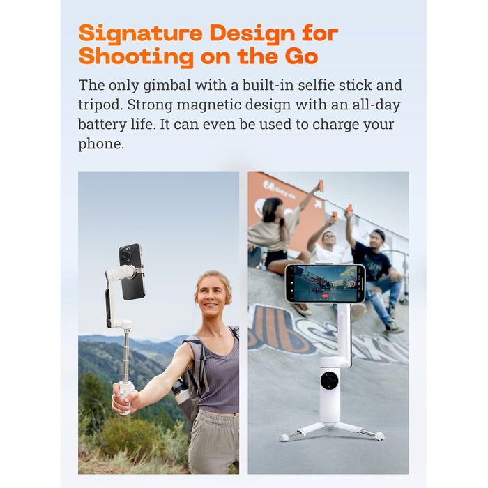 Insta360 Flow - Gimbal для смартфона з автотрекінгом, 3-осьова стабілізація, вбудований селфі-стік та штатив, білий