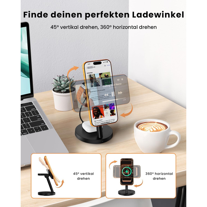 Зарядна станція JoyGeek 3-в-1 MagSafe 25W для iPhone 17/16, Apple Watch, Samsung Watch та AirPods з адаптером 45W (Чорний матовий)