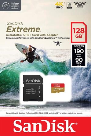 Карта пам'яті SanDisk 128GB Extreme microSDXC UHS-I з адаптером, швидкість читання до 190 МБ/с