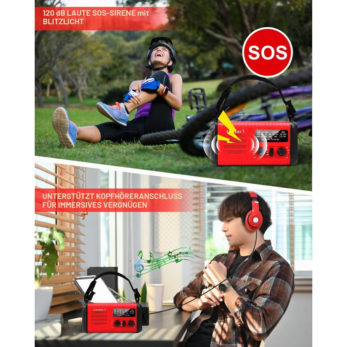 Радіо Kurbelradio 20000mAh сонячне з ручним заводом, AM/FM, SOS, LED-ліхтарик, USB зарядка для телефону, аварійне радіо при відключенні електроенергії (Червоне)