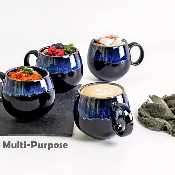 UNICASA Porcelain Coffee Mugs, Set of 4 Cups with Handles, Each 530 ml, Porcelain Cups for Tea, Coffee, Milk, Cappuccino, Blue