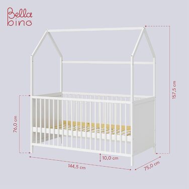 Bellabino Nika Babybett in House Style 70 x 140 cm, crib and house bed for children and babies made of solid pine wood in white, 3-fold height adjustable including slatted frame