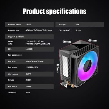 Охолоджувач CPU TZMRIT KF200 з 2 тепловими трубами, RGB LED, чорний, 9 см, 2200 RPM, для LGA115X/1200/17XX/1366, FM1/FM2/AM2/AM3/AM4/AM5