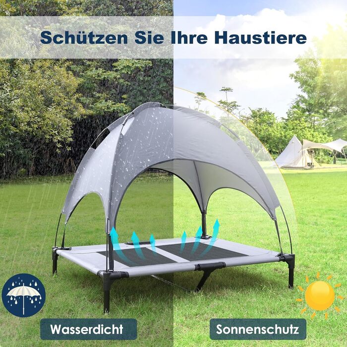 Підвищене ліжко для собак UISEBER 92x76x92 см, Outdoor з дахом, для великих собак до 50 кг, водонепроникне, сіре+чорне 【L】