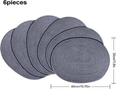 Fanquare Oval Woven Placemats Set of 6 Dark Grey Cotton Rope Braided Placemats Heat Resistant Washable Non-Slip Table Mats for Kitchen Dining Table, Home Decoration 30x40cm
