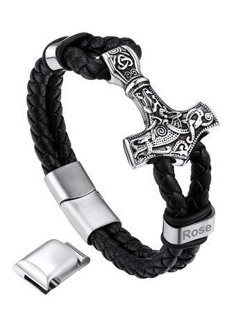 Браслет шкіряний чоловічий Bandmax Mjölnir/Череп/Масонство, персоналізований, з магнітним застібкою, 23 см